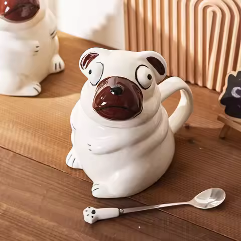 Creative Pug Dog Ceramic Mug Cartoon Animal Dog Coffee Cup with Lid Large Capacity Dessert Coffee Cu