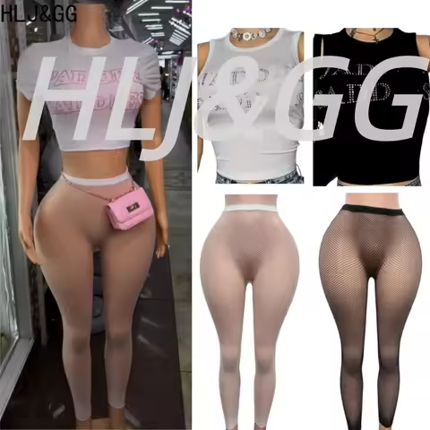 HLJ&GG Fashion Letter Rhinestone Tank Top Two Piece Sets Women Sleeveless Slim Crop Vest And Mesh Ho