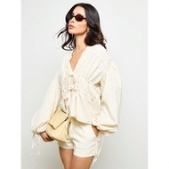 Balloon Sleeve Blouse Drawstring Empire Waist Summer Top Long Puff Sleeve Vacation Beach Resort Wear