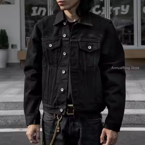 Red Tornado Black Denim Jacket Men's American Retro Raw Selvedge Denim Jacket 21OZ Original Cow Jack