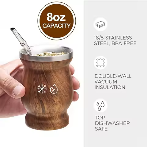 Yerba Mate Gourd Cup 304 Stainless Steel 8oz Mate Cup Double Wall 8oz Argentine Yerba Mate Gourd Cup