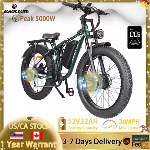 BAOLUJIE Peak 5000W 26" Electric Bike,52V 32AH Removable Battery 38MPH 7-Speed Adult EBike, Dual-Sho