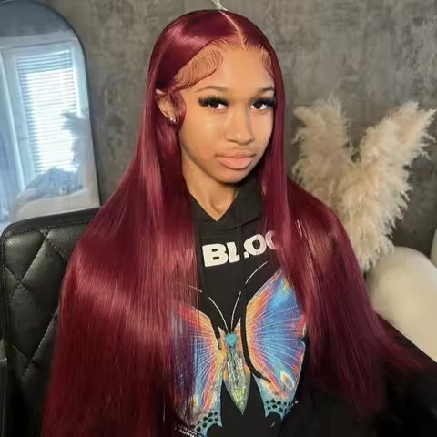 46 Inch 99J Burgundy Silky Straight Human Hair Lace Front Wig 13x6 HD Undetectable Lace Frontal 200 
