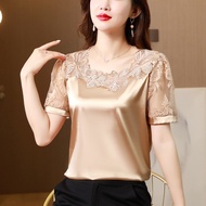 2024 new summer satin lace patchwork T-shirt with Korean floral embroidery short sleeved top for women