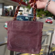 香奈兒 中古 絎縫麂皮玳瑁鏈條包 紫色chanel tote bag purple