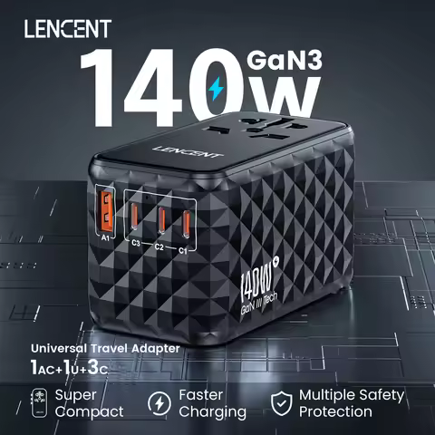 LENCENT 140W GaN Universal Travel Adapter with 1USB-A Ports 3 Type C Fast Charging Power Adapter EU/