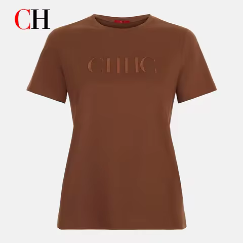 CH Premium Pure Cotton Embroidered T-shirt Brown CHHC Letter Embroidered Top Women 2026 New Simple R