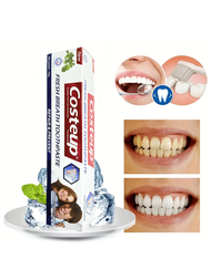 益生菌美白牙膏，清新口氣，潔淨口腔衛生，富含益生菌有助於牙齦護理，遮蓋牙齒上的黃色、煙斑、茶漬和污垢，無刺激性美白牙膏