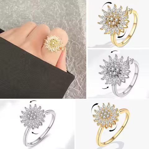 Fashion Crystal Sunflower Rings for Women Rotatable Anti Stress Anxiety Zircon Adjustable Ring You A