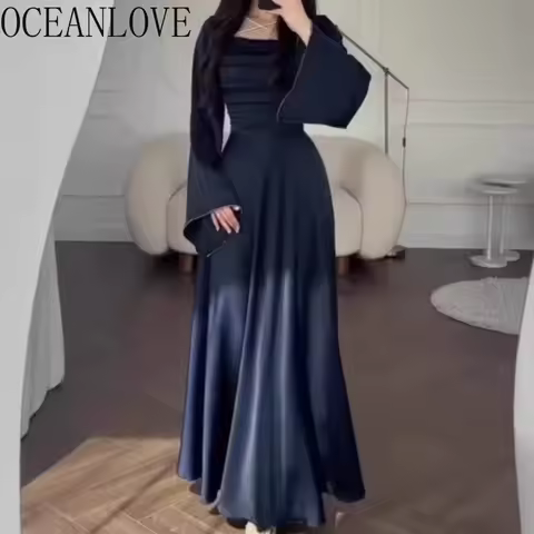 OCEANLOVE Woman Dresses Bandage Solid Spring Autumn Square Neck Vintage Vestidos Mujer Elegant Dinne