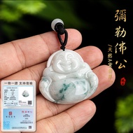 Myanmar Jadeite Jade Buddha Pendant Necklace 天然缅甸A货翡翠飘花弥勒佛公项链吊坠冰种玉石笑佛项链男女款挂件玉佩玉坠 招财佛牌项链項鏈女 情侶項鏈 古风项链