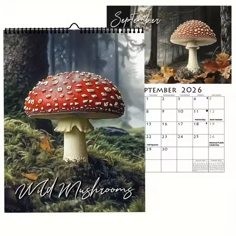 2026 Wild Mushroom Calendar - Red and white spotted mushroom，Including January to December and holid
