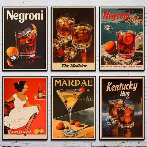 Vintage Wine Martini Negroni Martini Cocktail Poster Bar Wall Retro Canvas Painting Wine Painting Cl