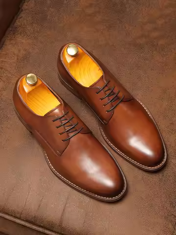 British retro men's formal leather shoes, leather brown groom's wedding shoes