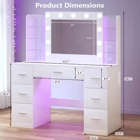 Makeup Vanity Desk with Mirror & Hollywood Lights,6 Backlit Open Shelves,Frosted Panel & RGB Light,