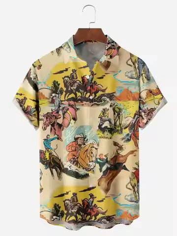 Hawaiian Cowboy Men's Shirt Cool 3D Digital Print Plus Size Western America Men's Top With Pocket Vi