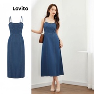 Lovito Casual Denim Dress Wanita A-Line Tanpa Lengan Tali Spaghetti Midi Denim Dress L47ED150 (Biru)