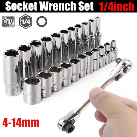1/4 inch Drive Deep Socket Set 6-Point Hex Short Socket Set Ratchet Wrench 72 Tooth Drive Ratchet So