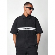Boxy Fit Nylon Shirt With Stripe Detail & Number 4 Graphic Print