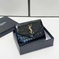 YSL Wallet 亮面鱷魚皮壓紋 牛皮革 信封銀包 小號 黑色
