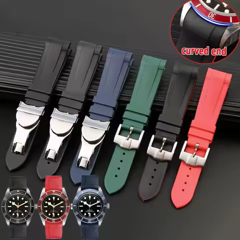 Curved end Natural Rubber Watchband men 22mm for Tudor Black Bay 1958 41mm GMT Pelagos Pin Folding b