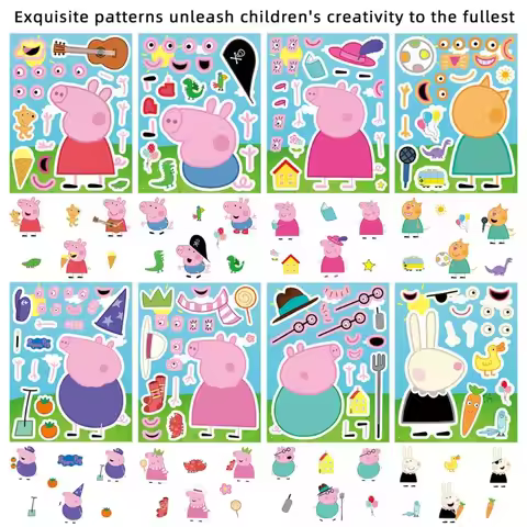 16 Peppa Pig family assembly puzzle cartoon stickers, pink and blue parent-child educational toys, d