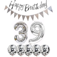 2 Balloons Number 39 + Happy Birthday Garland + Silver Banner foil Balloon 39th Birthday Decoration+