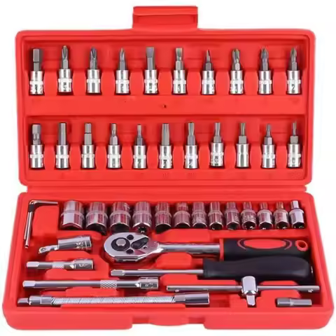 Motorcycle Tools 46-Piece 1/4" Socket Set​​ Chrome Vanadium Steel, Metric Bits & Extensions for Moto