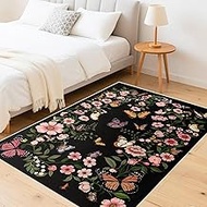 Area Rug for Living Room 5'x7' - Floral Butterfly Print 5x7 Area Rugs for Living Room Soft Black Was