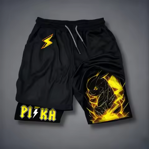 Japanese Anime Pokémon Men's Summer 2 in 1 Shorts Pikachu Designer Graphics Man Gym Double Deck Shor