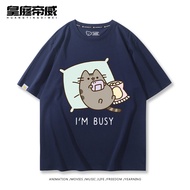 เสื้อยืดคอกลมแขนสั้นผ้าฝ้ายแท้พิมพ์ลายแมว Pusheen ทรงหลวมสบาย ๆ สำหรับนักเรียนชายและหญิง ฤดูร้อน 202
