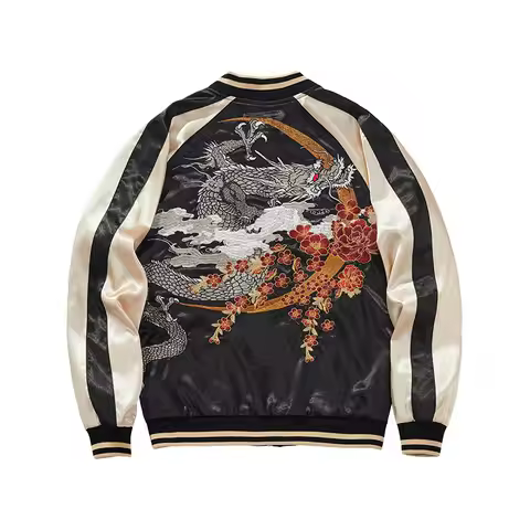 Sukajan Baseball Bomber Men Jacket Satin Luxury Drogan Embroidery Coat Spring Autumn Japan Streetwea