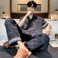 Short Sleeve Trousers Lapel Men's Pajamas Imitation Cotton Plus Size Casual Cardigan Loungewear Suit