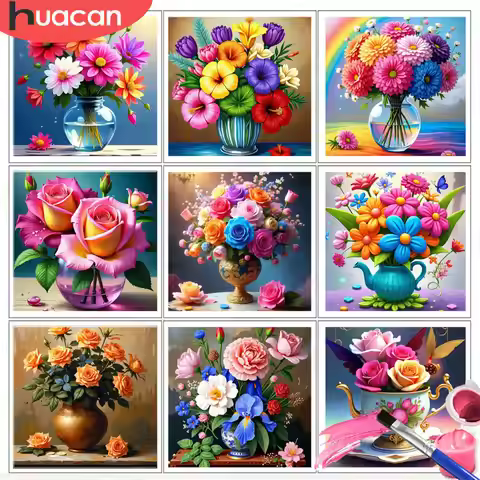 HUACAN Painting by Number Kits Bouquet in Glass Vase Textured Artwork DIY Oil Drawing Flowers Home D