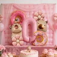 Capybara Theme Party Balloon Set - 2 Donuts + 2 Daisies + 2 Capybaras + 32-Inch Pink Number 2 + Ribb