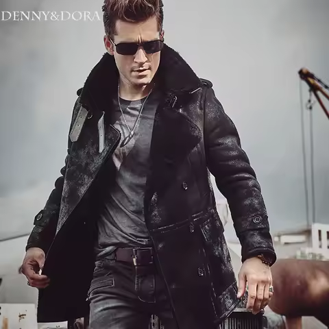 Denny&Dora Black lapel Men's Shearling Leather Jacket Long Style Men's Fur Coat Aviation Leathercraf