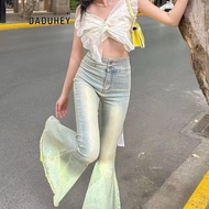 DaDuHey Women's Retro Washed Frayed Big Flared Jeans High Waist Wide Leg Pants Casual Fishtail Pants