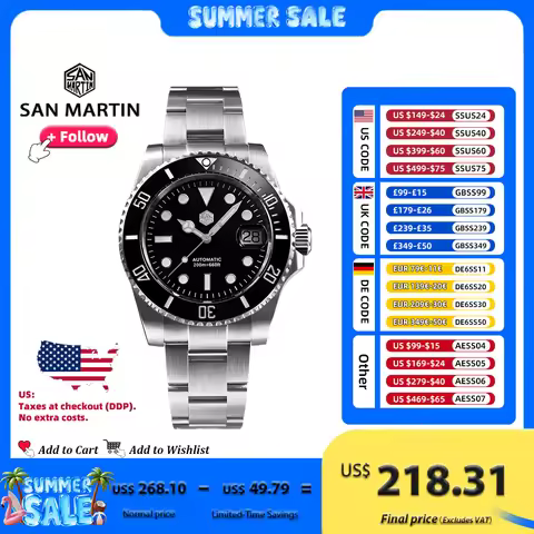 San Martin Watch New Upgraded Sub Men PT5000 ST2130 Automatic Diving Watches with Ceramic Bezel 200m