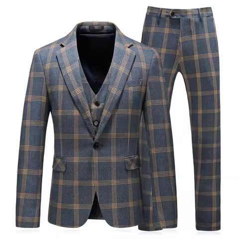 Plaid three piece single row stand up collar suit (jacket+vest+pants) for workplace commuting, leisu