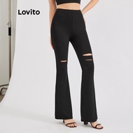 lovito Casual Plain Ripped Rib Flared Leg Pant
