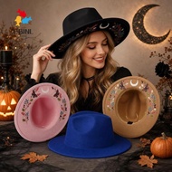 EBINL Wide Brim Fedora Hat, Bohemian Style Butterfly and Moon Print Felt Fedora Hat, Personality Bla