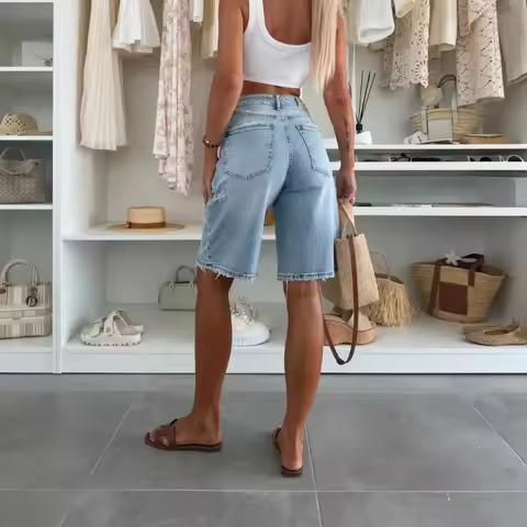 2026 Women Washed Distressed Denim Capris Loose Casual Urban Street Style Daily Outfits