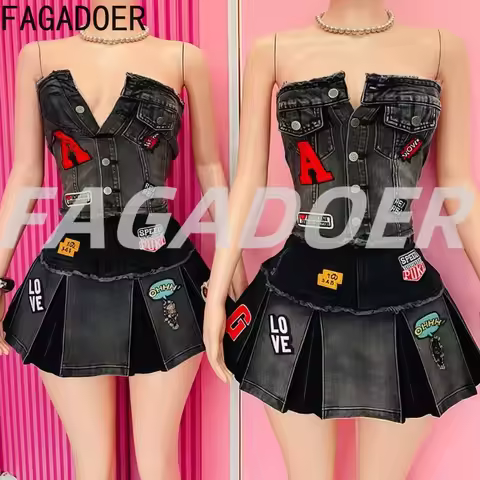FAGADOER Fashion Embroidery 2 Pieces Set for Woman Sleeveless Backless Crop Top and Bubble Puff Skir