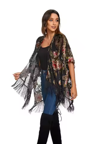 WeHello Women's Burnout Velvet Kimono Black Flower Long Cardigan Cover Up Holiday Casual Cardigan Sh