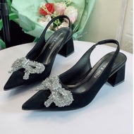 Women's Closed Toe High Heels with Rhinestone Bows, Luxurious 5 Inch Square Heel, Super Comfortable 