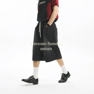 Unvesno (UN) 貓須噴馬騮洗褪闊腿短褲七分中筒黑色松緊腰牛仔褲