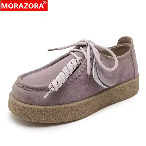 MORAZORA 9 Colors Suede Leather Women Loafers Lace Up Fashion Casual Flats Candy Color Platform Flat