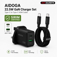 [SIRIM Certified] AIDOGA 22.5W GaN Fast Charger Dual Port USB-C USB-A  24 Months Warranty 65W Cable