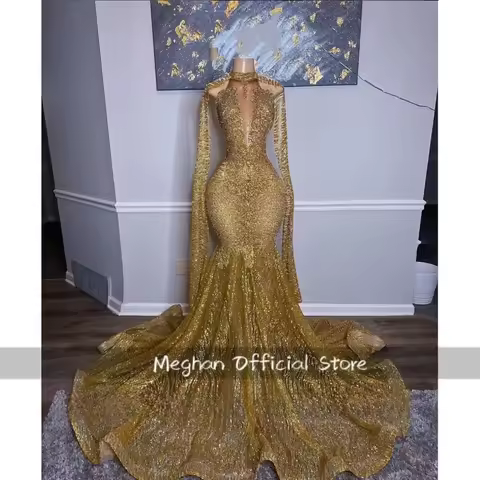 Noble Shawl Long Mermaid Prom Dress 2025 Gold Inlaid Sequins See Through African Evening Dress Custo