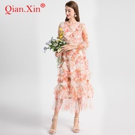 Autumn French Retro Floral Gauze Long-Sleeved Dress